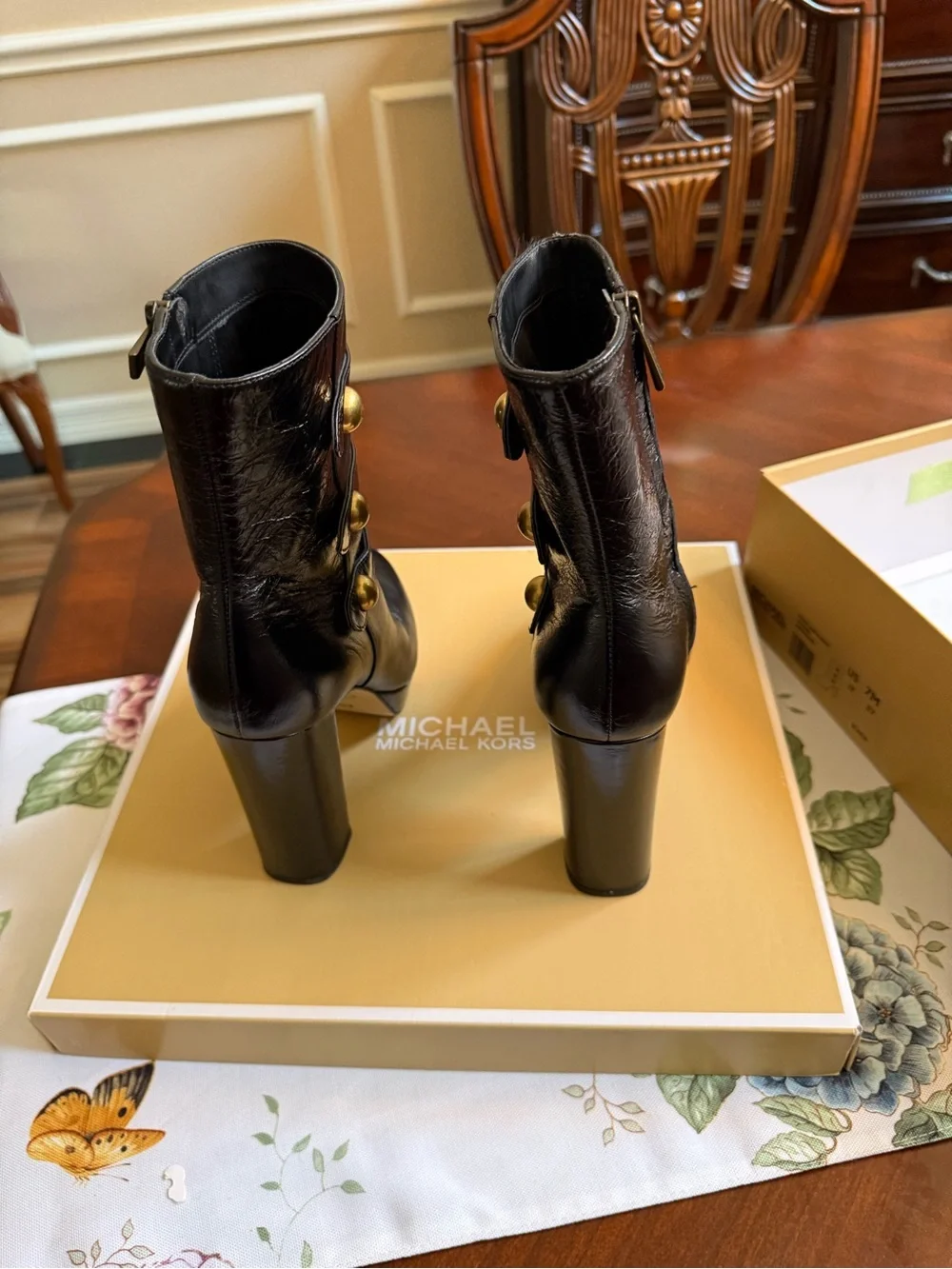 Michael Kors Black Leather Gold-Button High Heel Ankle Boots